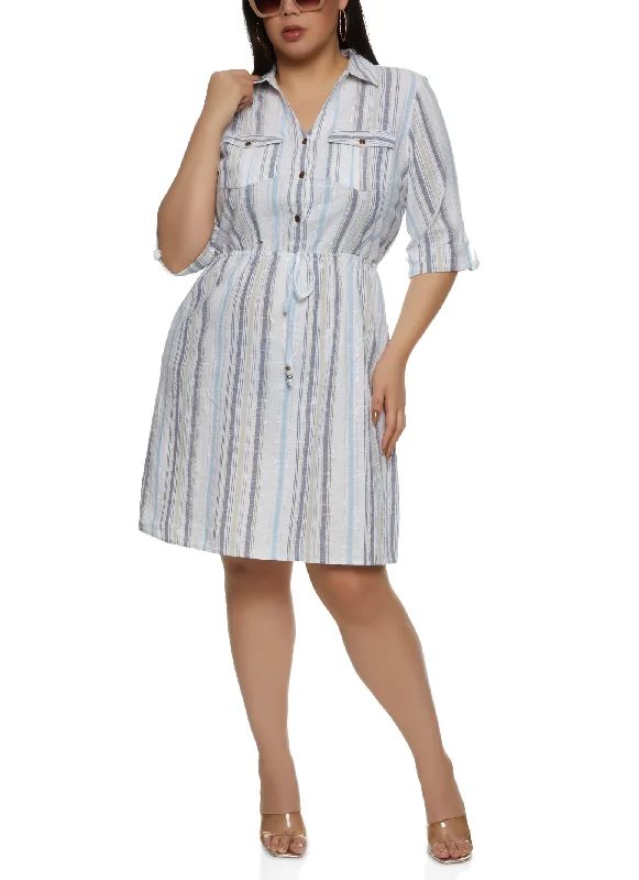 Plus Size Lurex Stripe Tabbed Sleeve Shirt Dress