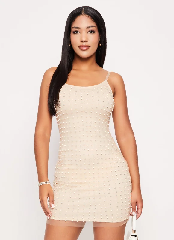 Mesh Faux Pearl Cami Bodycon Dress