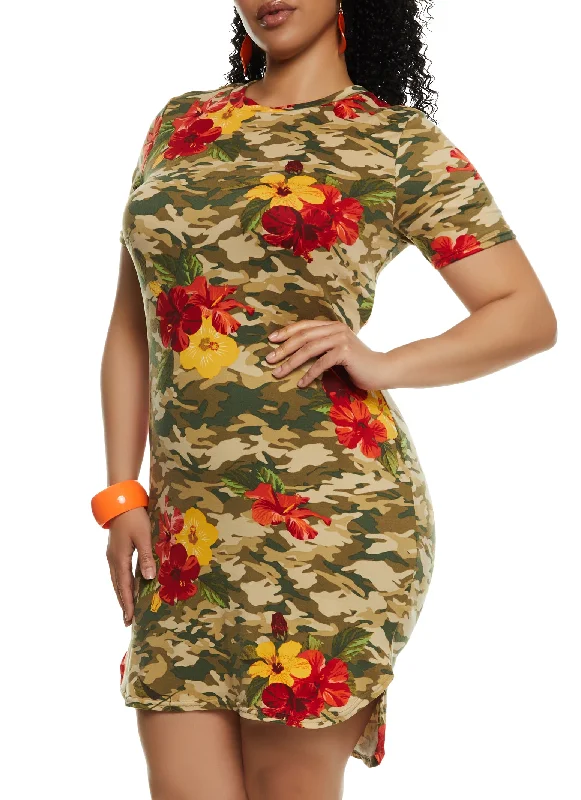 Plus Size Camo Floral Print T Shirt Dress