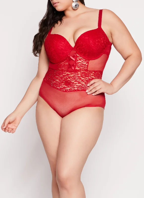 Plus Size Mesh Lace Bustier Bodysuit