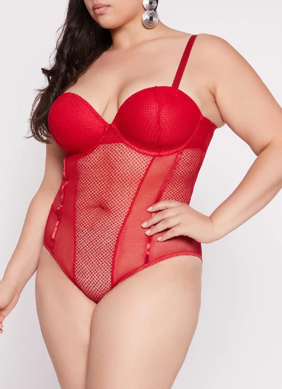 Plus Size Patterned Lace Detail Bustier Bodysuit