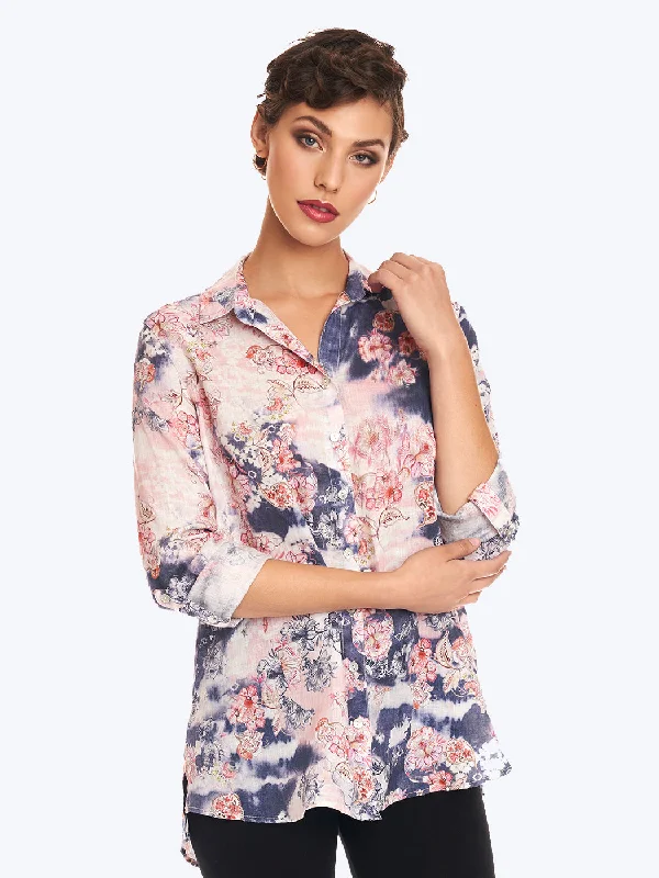 Tianello "Estee" Print Linen "Loving" Blouse