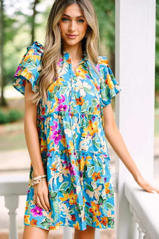 Make It Known Aqua Blue Floral Dress