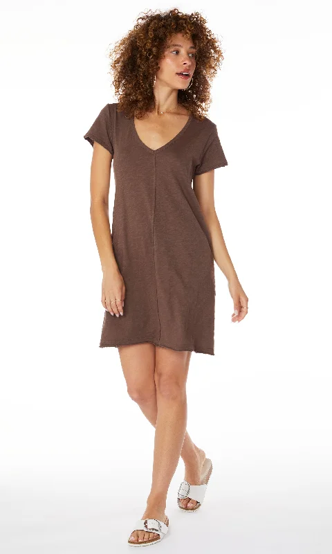 V Neck Raw Edge T-Shirt Dress - Earth