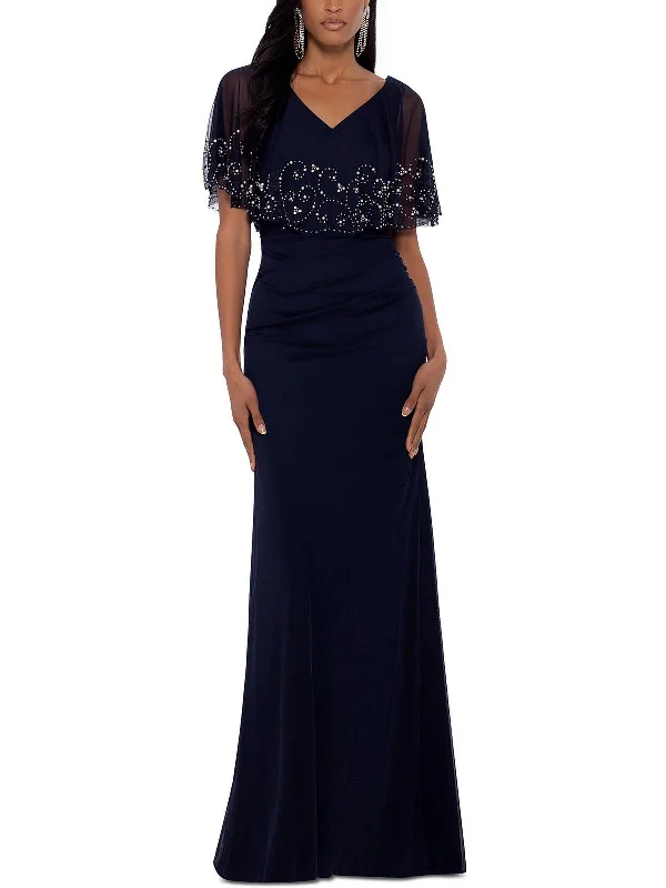 Petites Womens Embellished Capelet Evening Dress