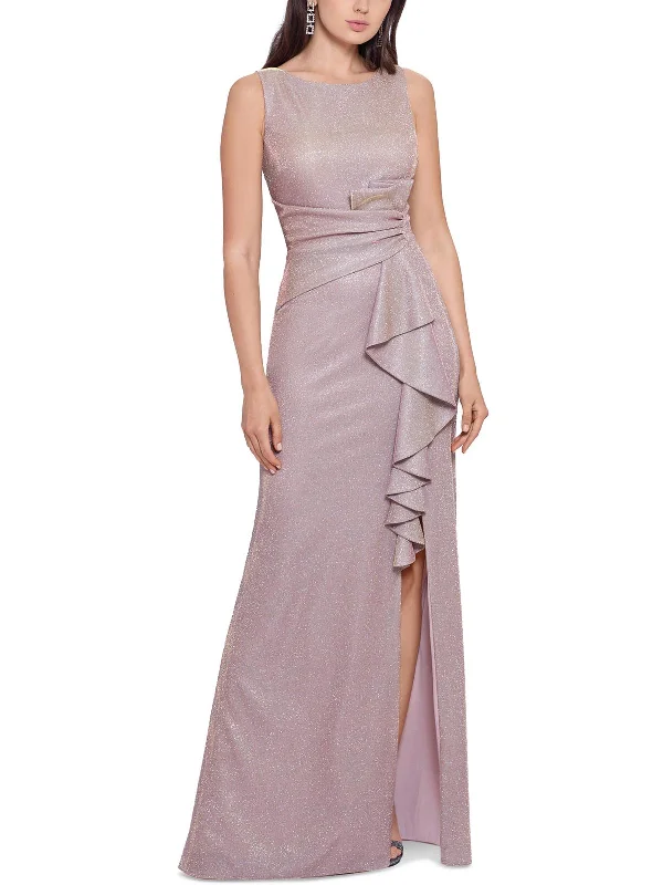 Womens Metallic Split-Leg Evening Dress