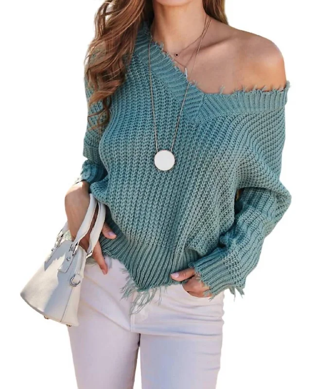 Frayed V-Neck Sweater In Mineral Blue