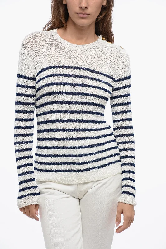 Valentino Crew Neck Sequined Fabric Sweater with Awning Motif