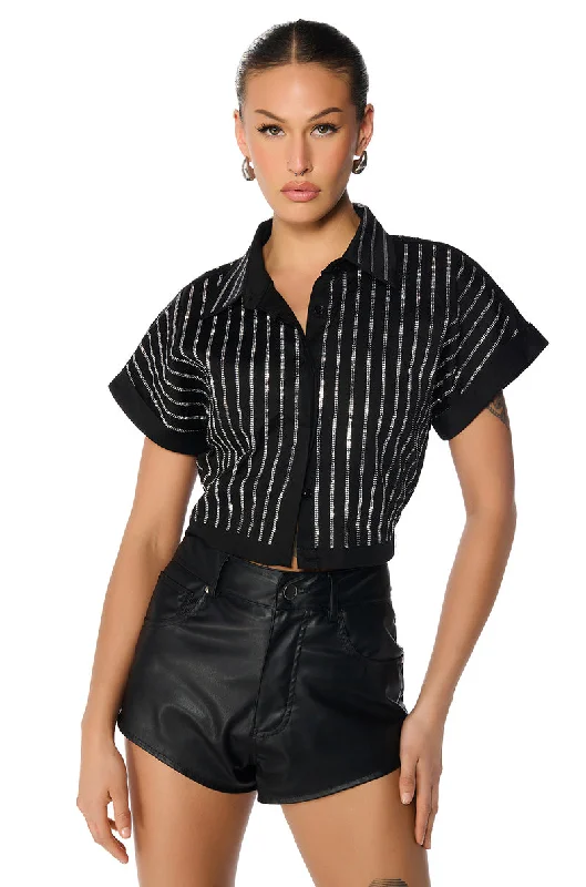 MAFIOSA RHINESTONE STRIPE CROPPED BUTTON DOWN