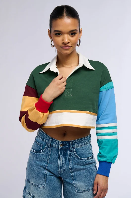 VARSITY LETTER LONG SLEEVE CROPPED POLO SHIRT